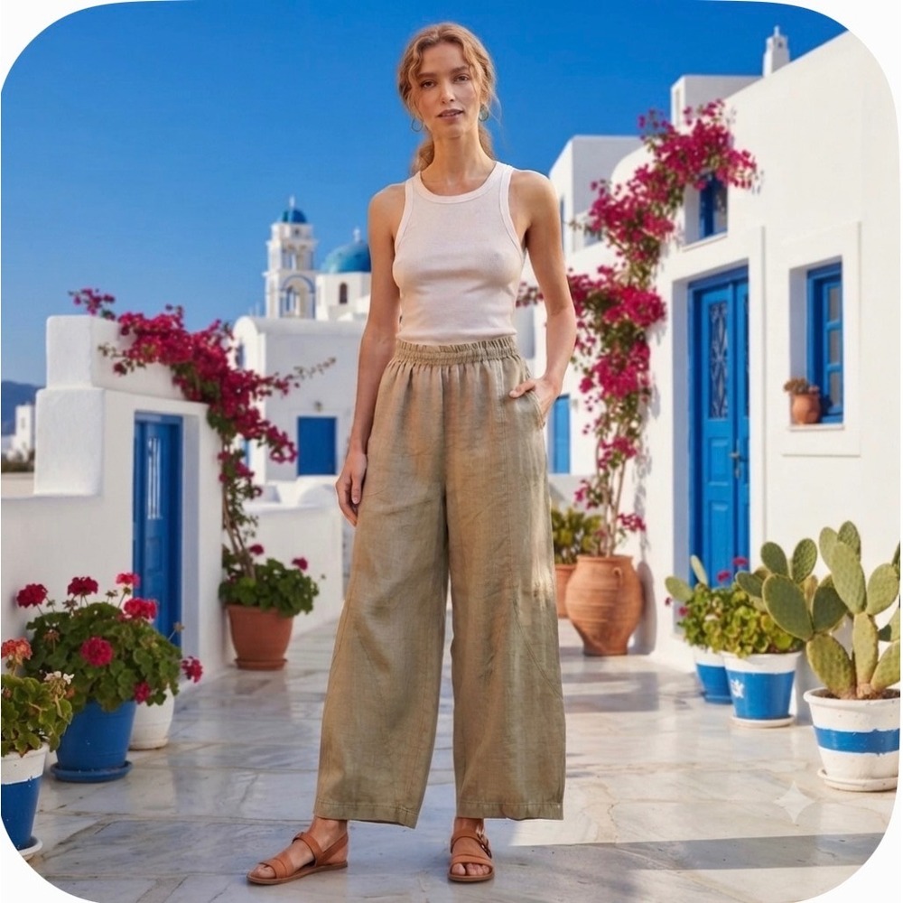 PLSFashion Pure Collection Pants Women S/M Green 100% Linen Made in Greece Baggy